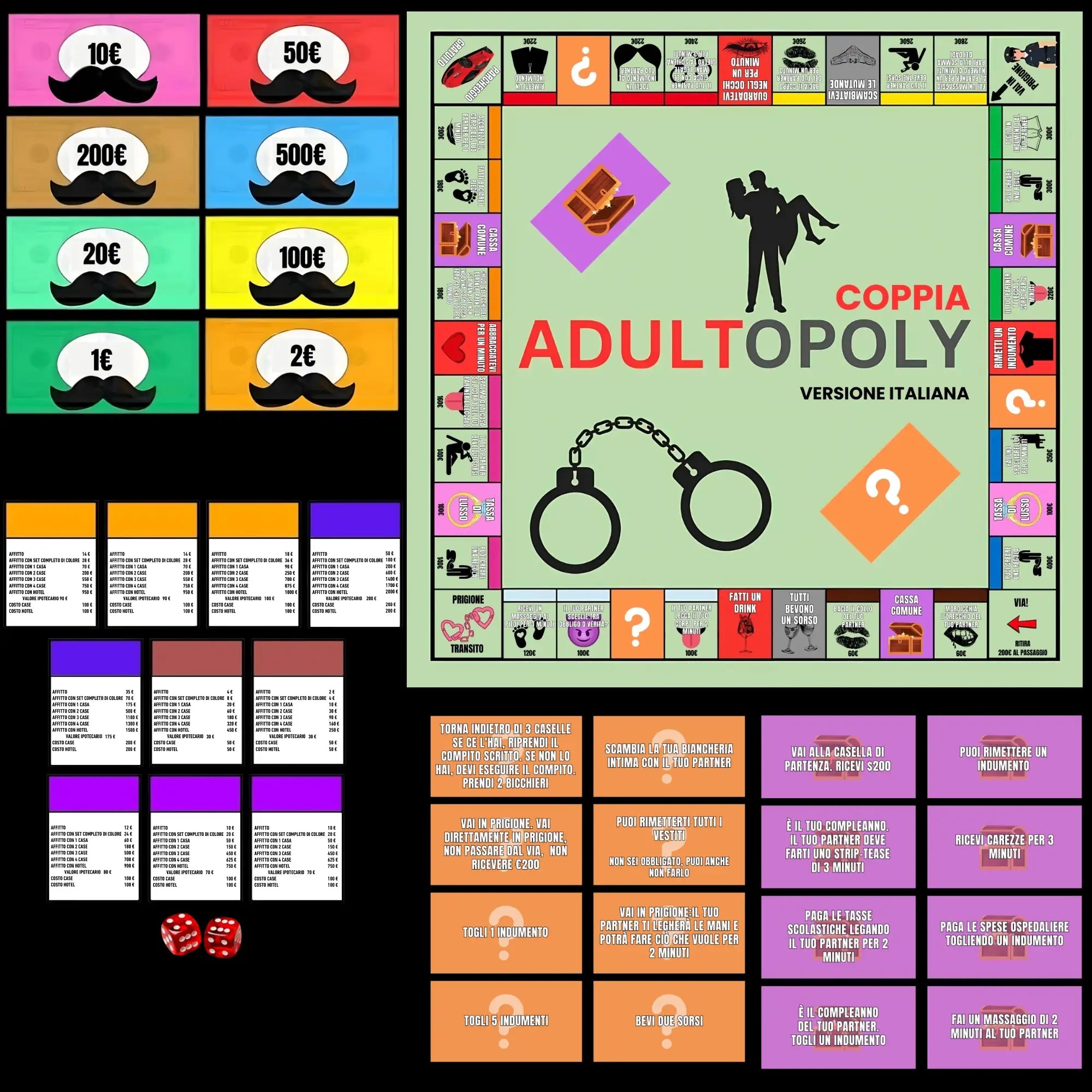 Gioco da tavolo Adultopoly versione italiana per coppie, con banconote, carte azione e tabellone completo, ideale per serate di divertimento e sfide romantiche.