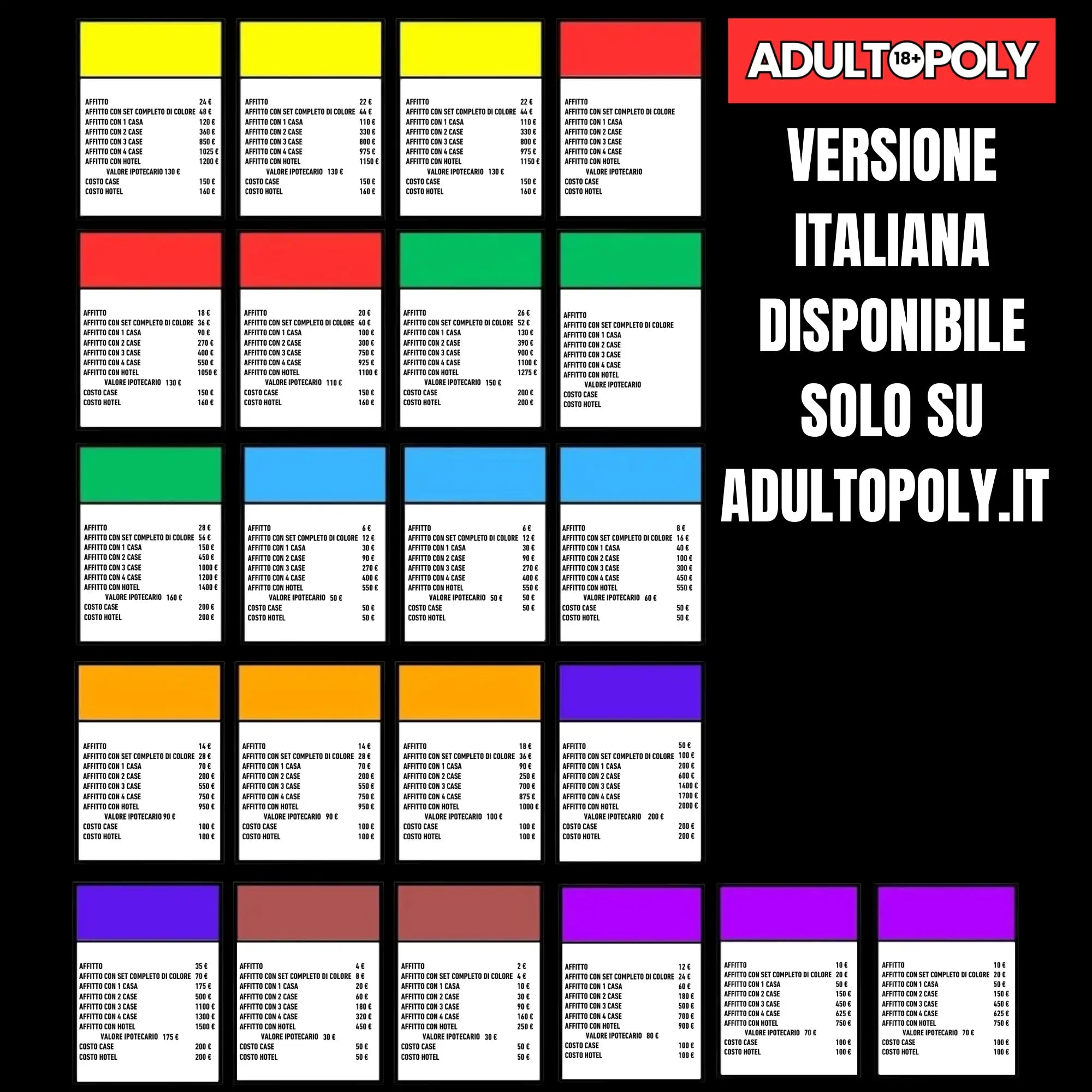 Carte proprietà del gioco Adultopoly versione italiana, con diverse categorie di affitti e costi, disponibile esclusivamente su adultopoly.it.