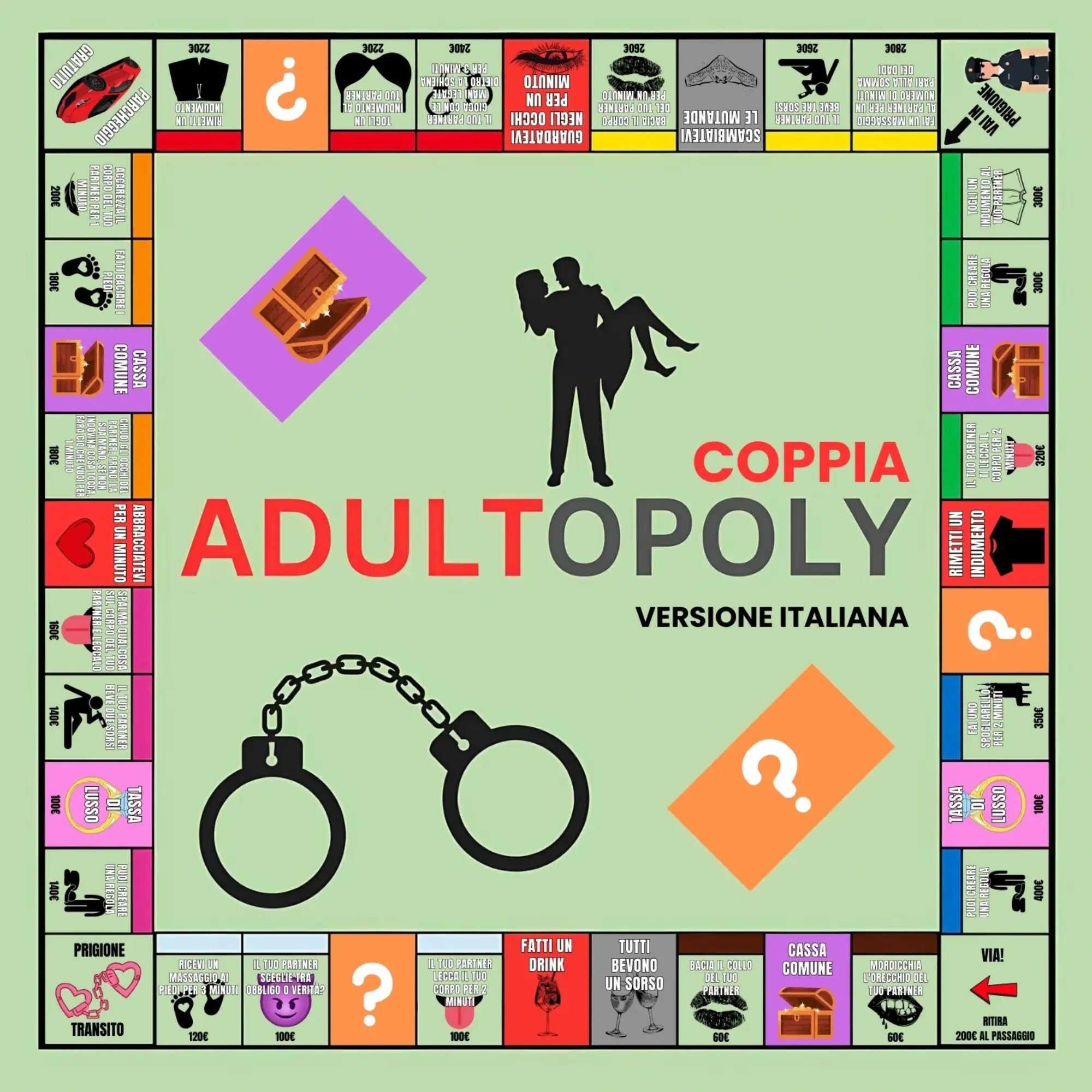 Tabellone del gioco Adultopoly versione italiana per coppie, con manette e caselle sfida, ideale per serate divertenti e romantiche in due.

